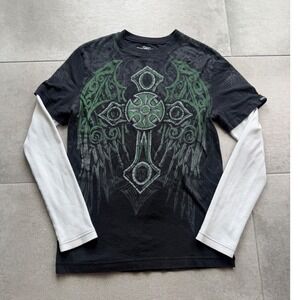 Vintage Y2K MMA Elite Men Gothic Graphic Thermal Long Sleeve Shirt Black Green M